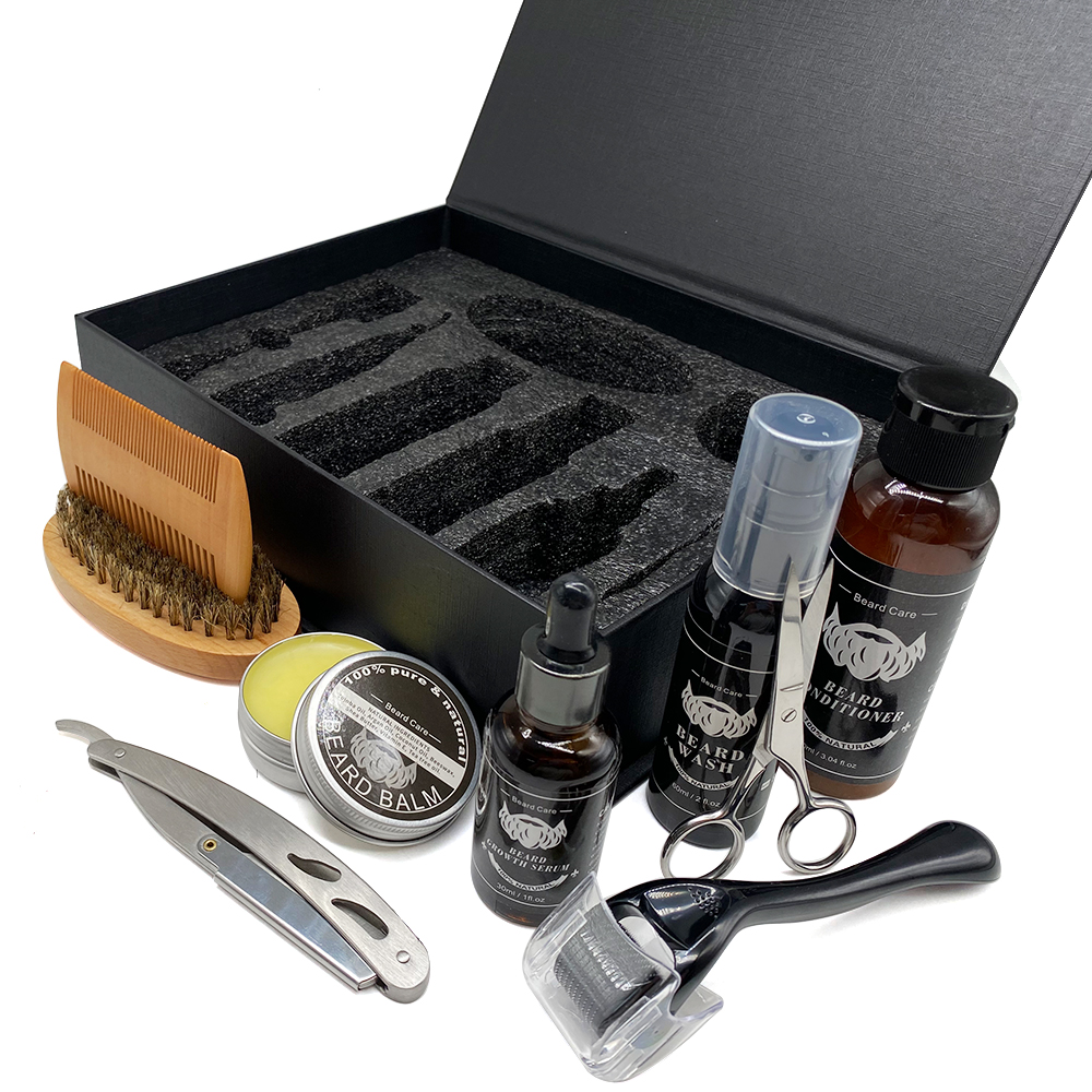 Private Label Beard Growth Kit Cleaning Beard Oil Serum Roller Beard Balm Grooming Care Gift Set