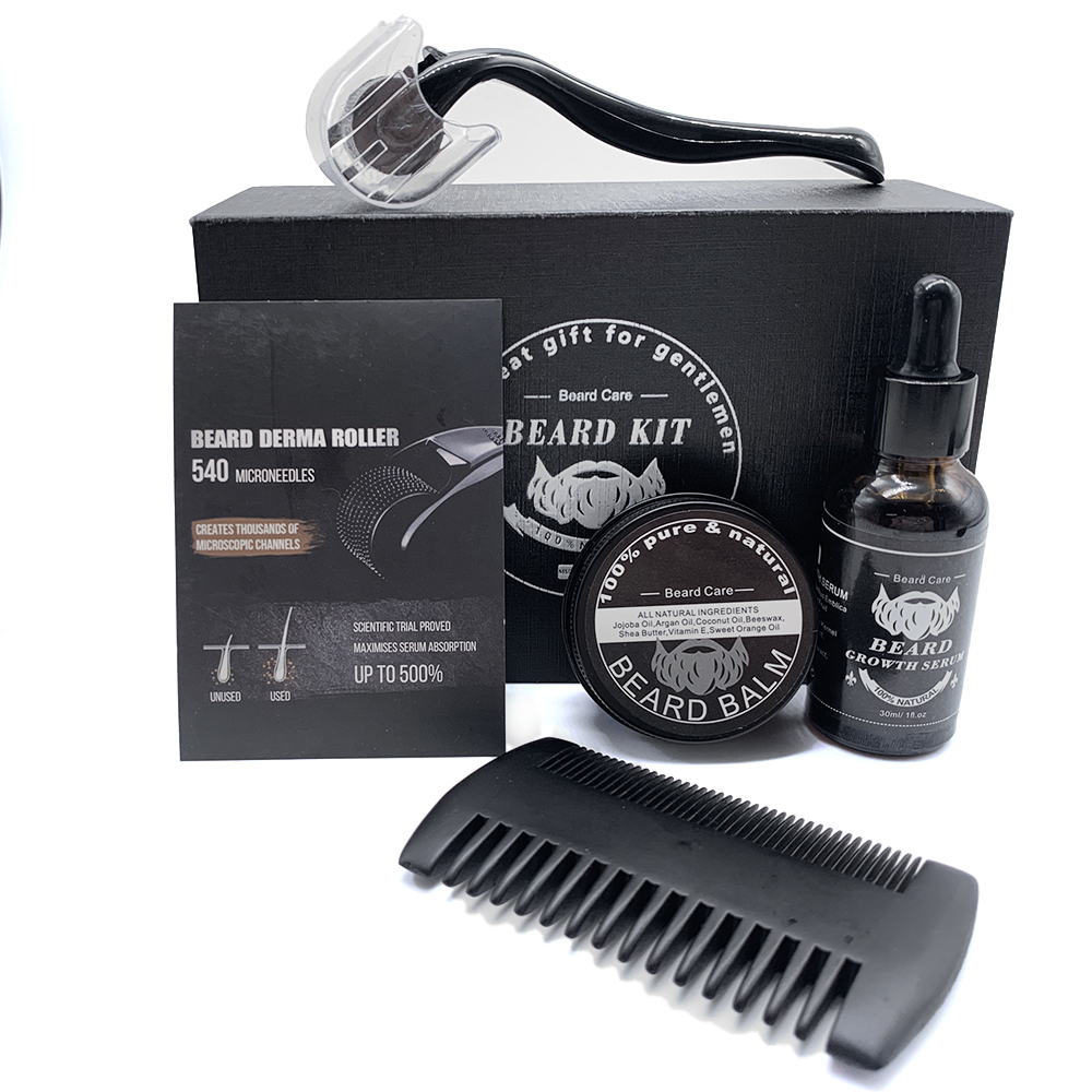 Custom Logo Natural Organic Beard Growth Oil Spray Derma Beard Roller Private Label Beard Care Growth Kit
